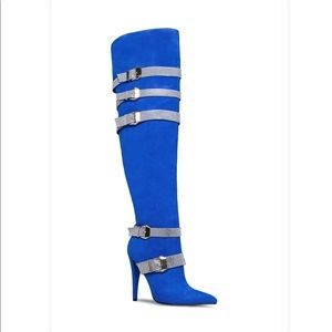 Thigh high blue rhinestone boots